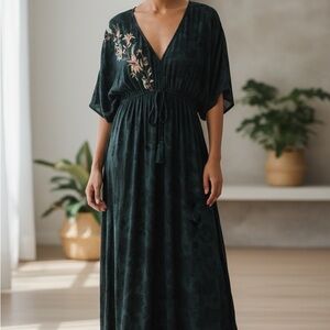 Cost Plus World Market Dark Green Embroidered Dress